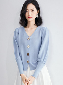 V-neck Loose Puff Sleeve Knitted Cardigan