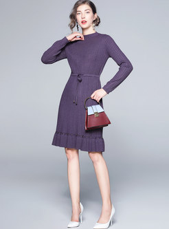 O-neck Elastic Tied Long Sleeve Knitted Dress