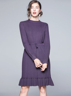 O-neck Elastic Tied Long Sleeve Knitted Dress