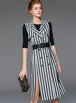 Lapel Striped Double-breasted Belted Skater Dress