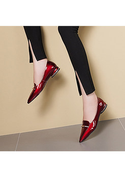 Wine Red Work Pointed Patent Leather Shoes