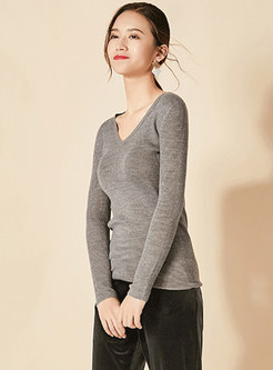 Brief V-neck Solid Color Slim Sweater