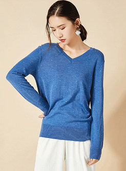 Casual V-neck Hot Drilling Knit Sweater