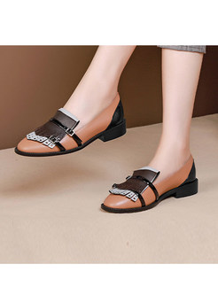 Round Head Square Low-heeled Cowhide Shoes