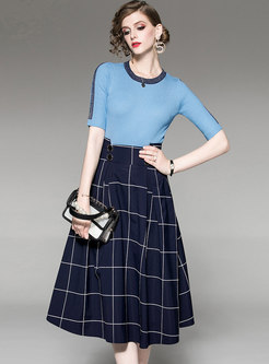 Stylish Color-blocked Knitted Sweater & Plaid Skirt