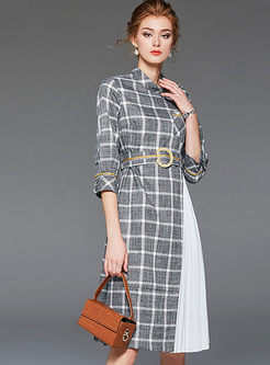 Standing Collar Plaid Patchwork Pleated Dress