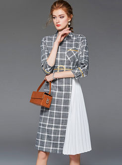 Standing Collar Plaid Patchwork Pleated Dress