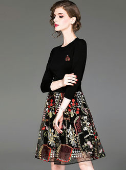 3/4 Sleeve Knitted Patchwork Print Dress