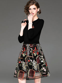 3/4 Sleeve Knitted Patchwork Print Dress