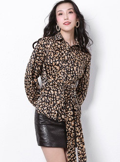 Black Lapel Long Sleeve Leopard Chiffon Blouse