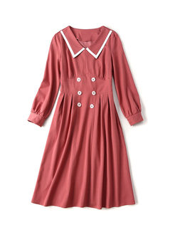 Pink Lapel Long Sleeve A Line Dress