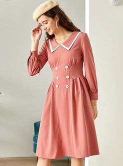 Pink Lapel Long Sleeve A Line Dress