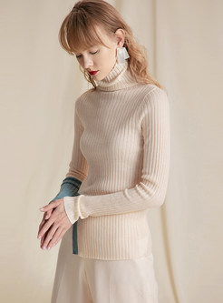 Light Apricot High Collar Side Slit Pullover Sweater