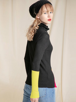 Black High Collar Side Slit Pullover Sweater