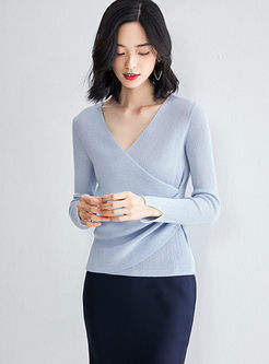 Solid Color V-neck Slim Pullover Sweater