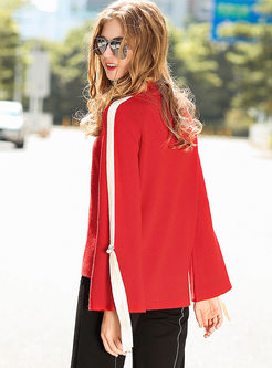 Red Turtleneck Flare Sleeve Sweater