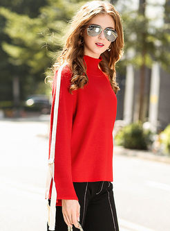 Red Turtleneck Flare Sleeve Sweater