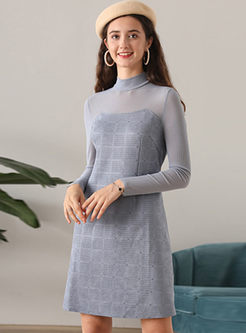 Blue Standing Collar Patchwork Dress