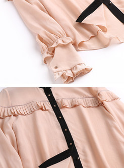 O-neck Pleated Patchwork Silk Blouse