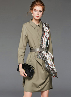Coffee Lapel Patchwork Print A Line Dress With Belt
