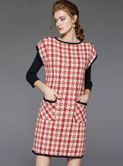 Red O-neck Sleeveless Plaid Pullover Shift Dress