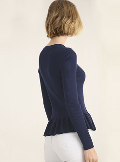 O-neck Slim Pullover Frilled Hem Sweater 
