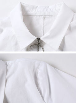 White Lapel Long Sleeve Zippered Blouse