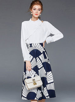Long Sleeve Blouse & Print A Line Skirt