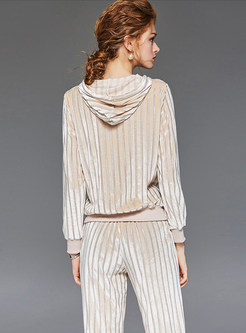 Striped Hooded Pullover Top & Striped Straight Pants