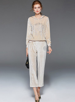 Striped Hooded Pullover Top & Striped Straight Pants