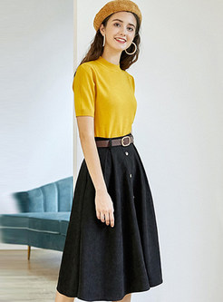 Short Sleeve Knit Top & Black Skirt With Belt