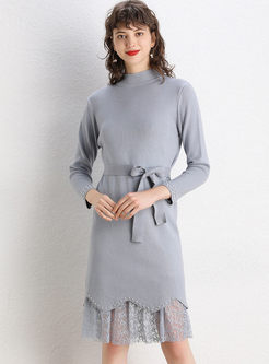 Long Sleeve Slim Sweater Dress With Mesh Skirt