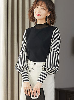 Standing Collar Striped Patchwork Sweater