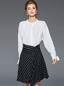 White Long Sleeve Blouse & Striped A Line Skirt