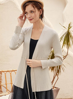 Solid Color V-neck Drawcord Thin Cardigan