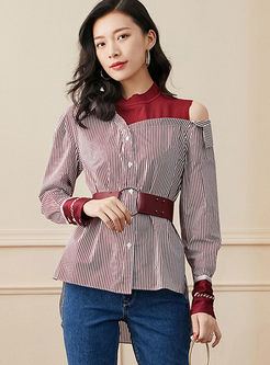 Standing Collar Striped Patchwork Blouse