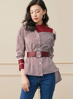 Standing Collar Striped Patchwork Blouse
