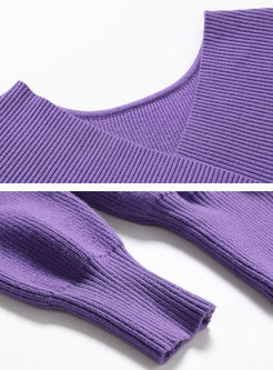 Purple V-neck Slim Long Sleeve Sweater