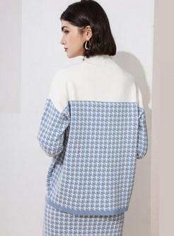 Half Collar Patchwork Sweater & Plaid Knit Skirt