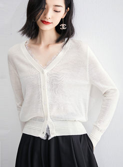 V-neck Lace Patchwork Thin Cardigan