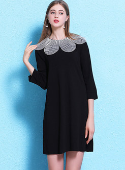 Black Petal Collar 3/4 Sleeve Shift Dress