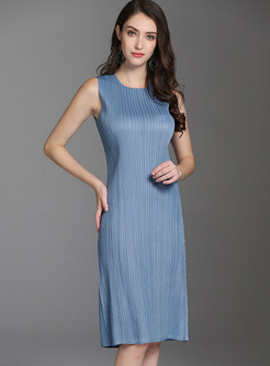 Solid Color O-neck Sleeveless Pleated Dress