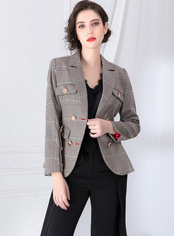 Double-breasted Plaid Belted Slim Blazer