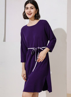 Casual O-neck Loose Knit Dress With Belt