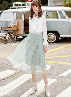 Sweet Solid Color Mesh Pleated Skirt 