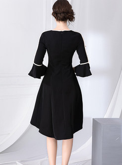 Black O-neck Flare Sleeve Irregular Hem Dress