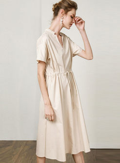 V-neck Short Sleeve Drawcord A Line Dress