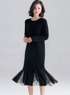 Black Loose Lace Patchwork Knitted Dress