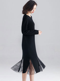 Black Loose Lace Patchwork Knitted Dress