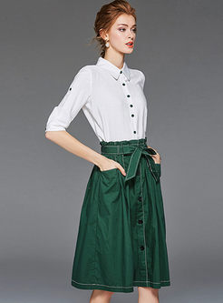 Lapel Half Sleeve Blouse & A Line Skirt